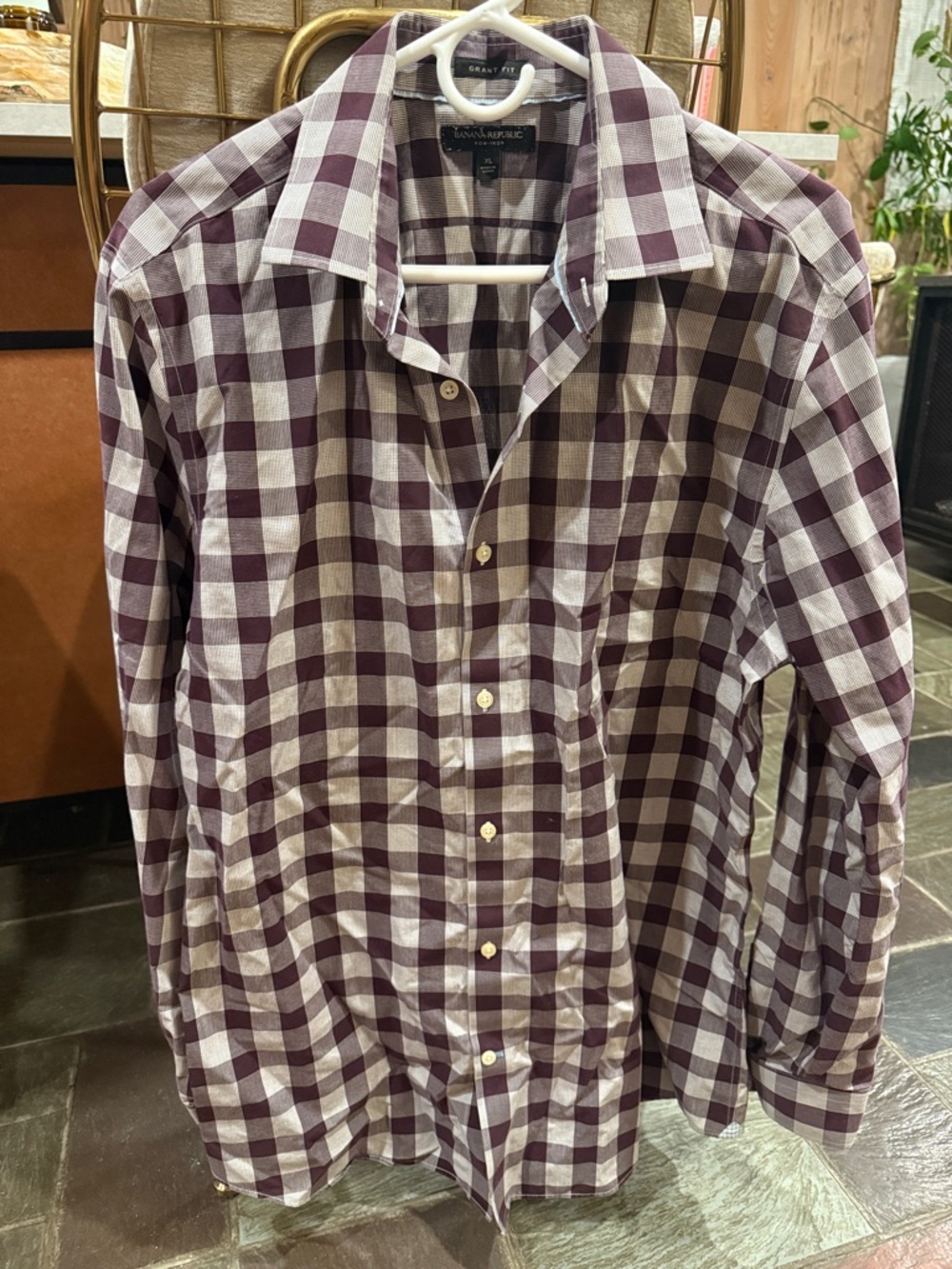 Banana Republic Men's Burgundy and White Check Button-Down Shirt